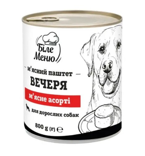 Паштет м'ясний для собак "Біле Меню" М'ясне Асорті 800г ж/б (1/6)